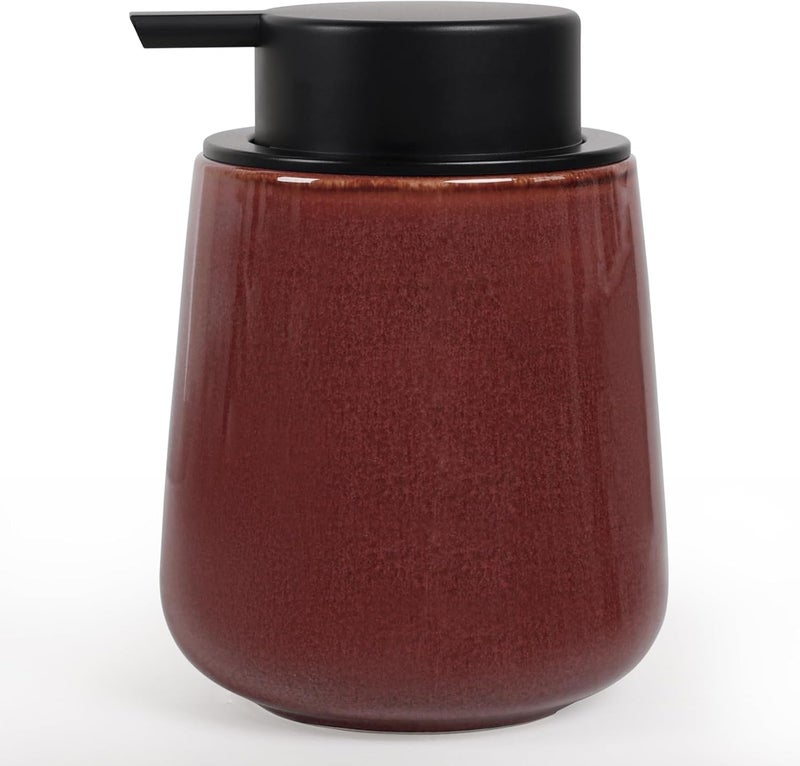 INGOFIN Ceramic Lotion Dispenser - 12 oz Refillable Hand Soap Dispenser Bathroom, Modern Liquid Soap Dispenser with Pump, Dish Dispenser for Kitchen,Kiln-Glazed Red Brown - Image 1